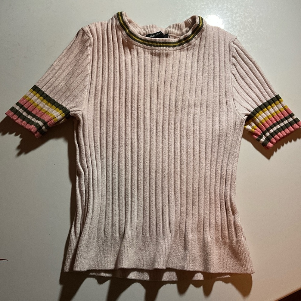 Ribbed Knit Top with Striped Sleeves